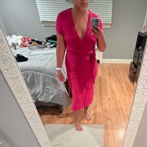 Bright Pink open knit dress with tie waist